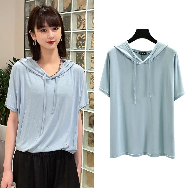 Women Grey Hooded T-Shirt Loose Fit Spring Summer - Image 38