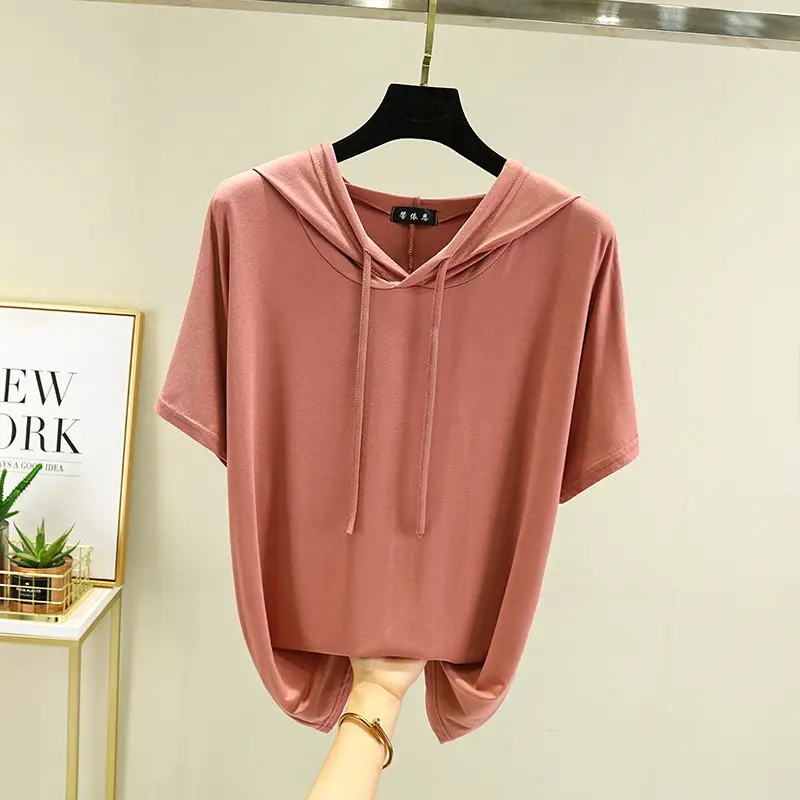 Women Grey Hooded T-Shirt Loose Fit Spring Summer - Image 39
