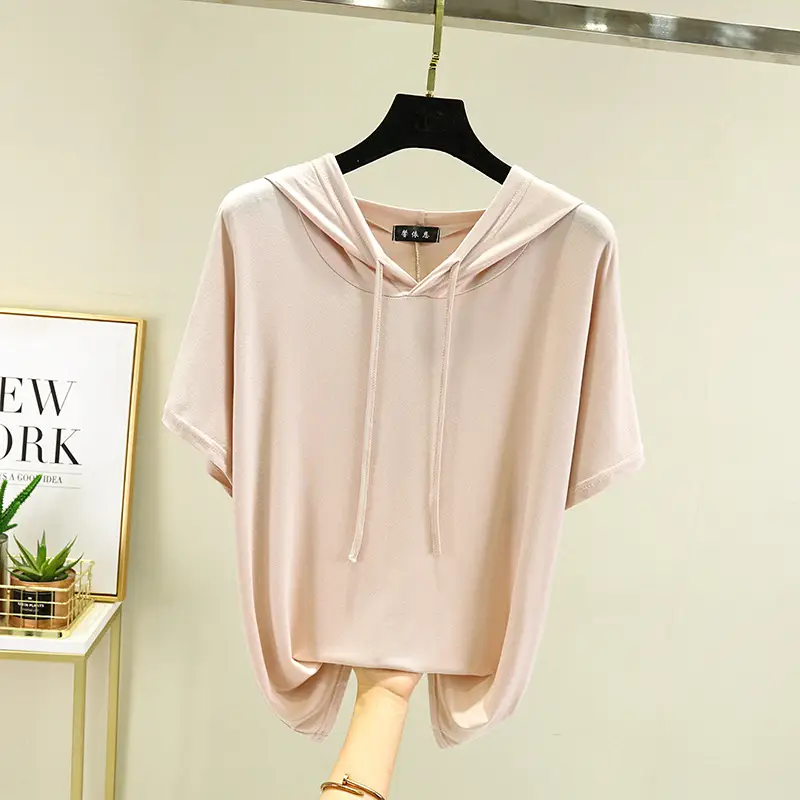 Women Grey Hooded T-Shirt Loose Fit Spring Summer - Image 40