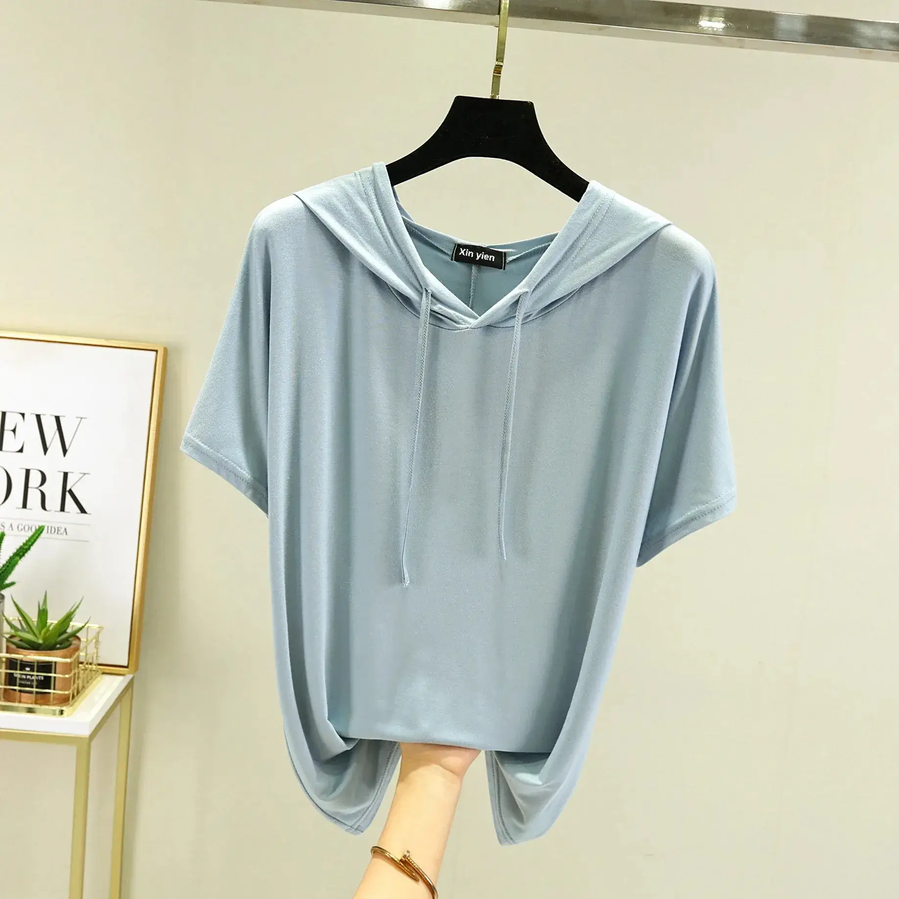 Women Grey Hooded T-Shirt Loose Fit Spring Summer - Image 15