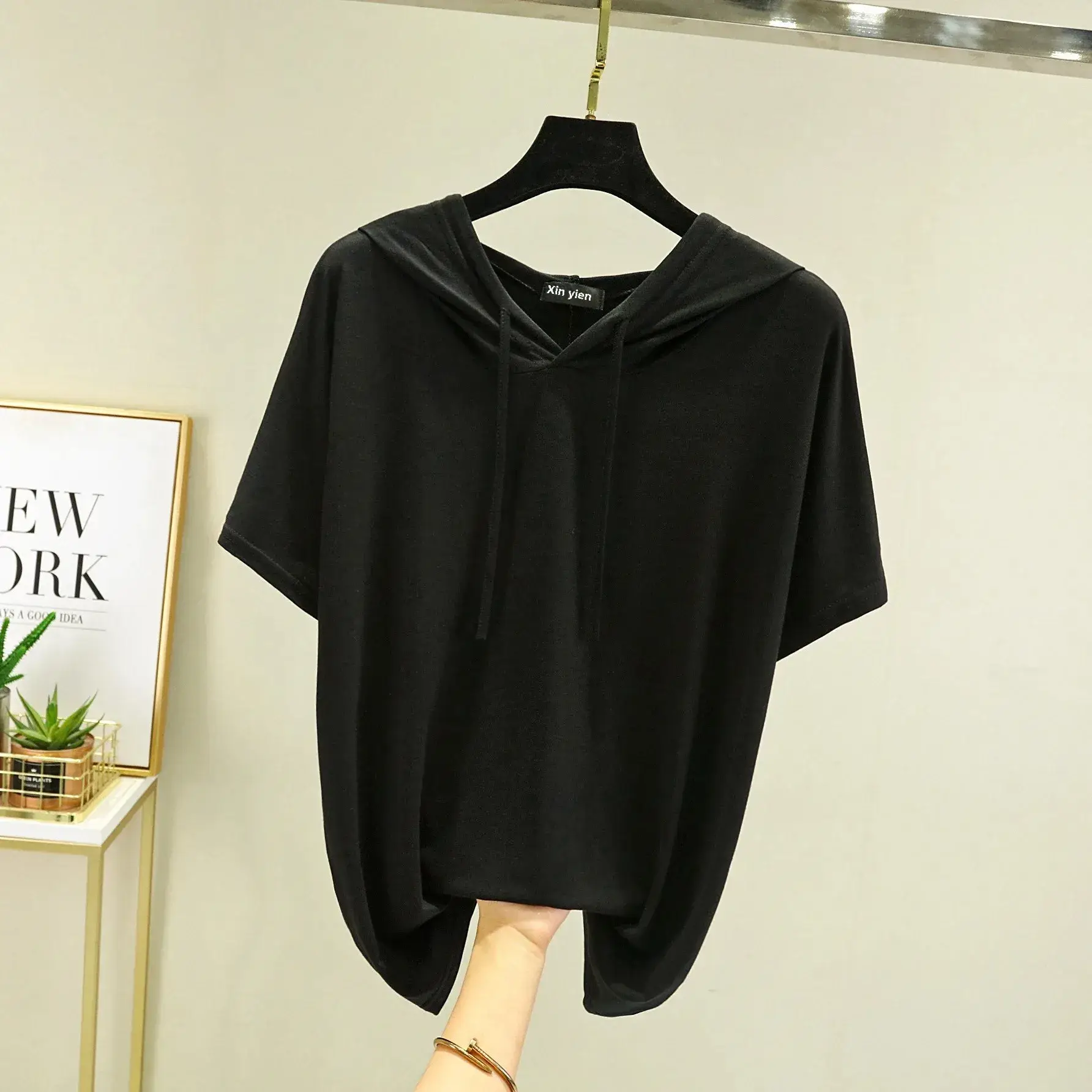 Women Grey Hooded T-Shirt Loose Fit Spring Summer - Image 2