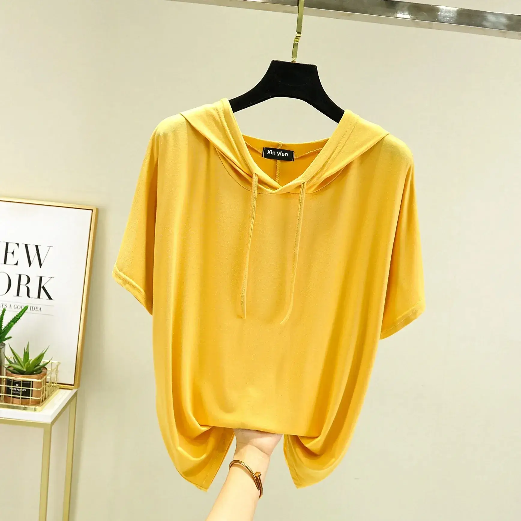 Women Grey Hooded T-Shirt Loose Fit Spring Summer - Image 6