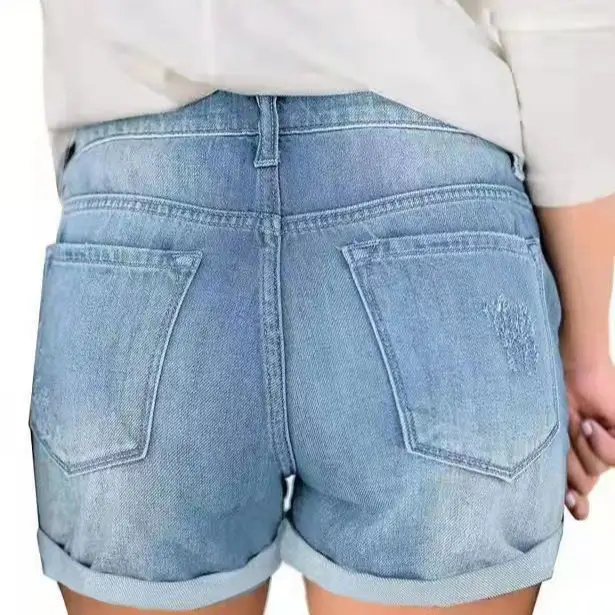 Women Denim Shorts with Cross-Country Flanged Holes