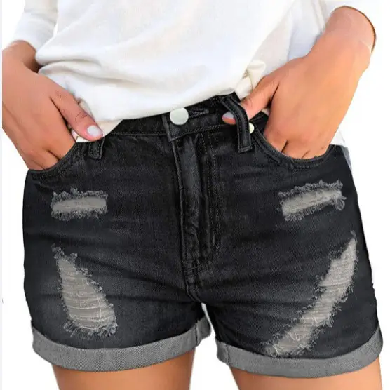 Women Denim Shorts with Cross-Country Flanged Holes