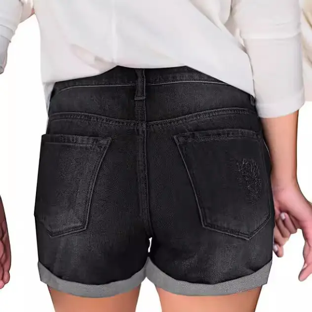 Women Denim Shorts with Cross-Country Flanged Holes