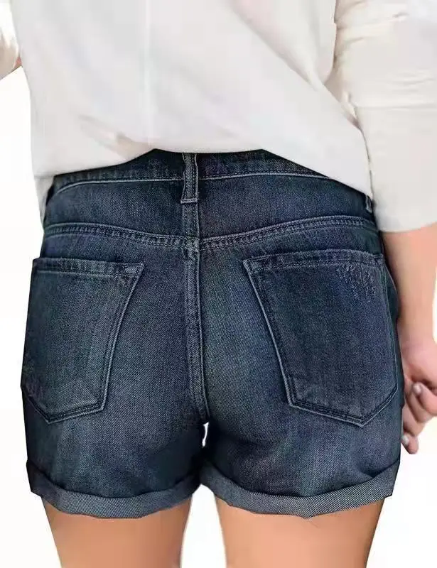 Women Denim Shorts with Cross-Country Flanged Holes — feature 10