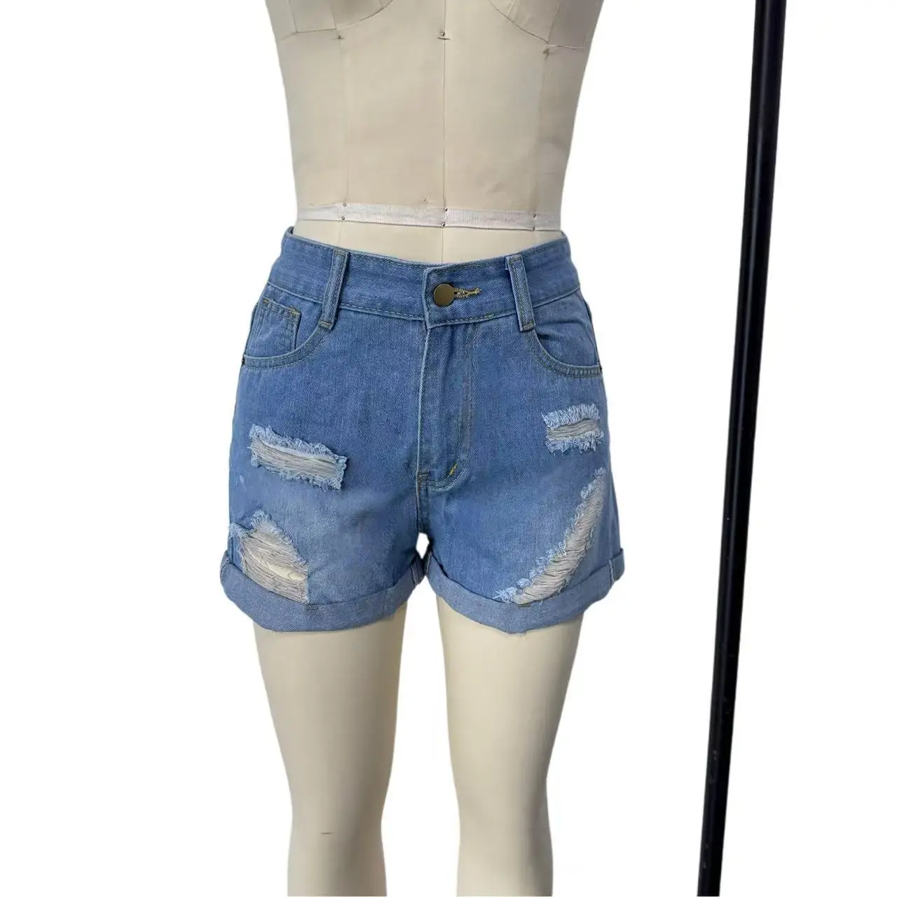 Women Denim Shorts with Cross-Country Flanged Holes — feature 2