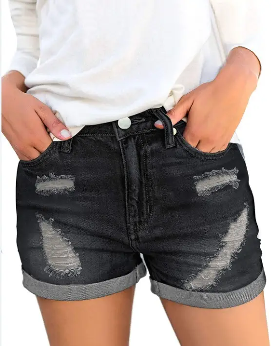 Women Denim Shorts with Cross-Country Flanged Holes — feature 4