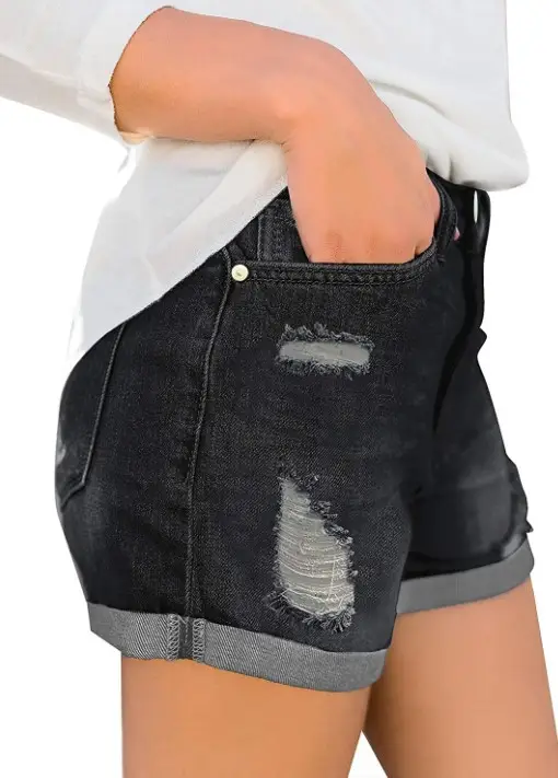 Women Denim Shorts with Cross-Country Flanged Holes — feature 6