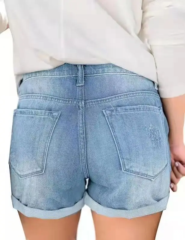 Women Denim Shorts with Cross-Country Flanged Holes — feature 8