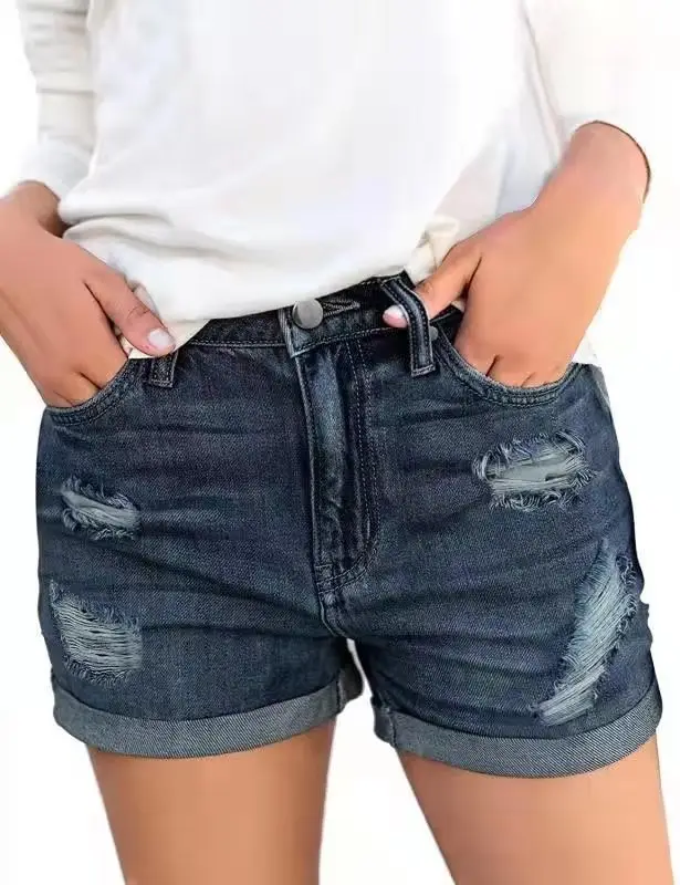 Women Denim Shorts with Cross-Country Flanged Holes — feature 9