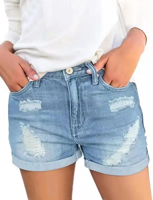 Women Denim Shorts with Cross-Country Flanged Holes