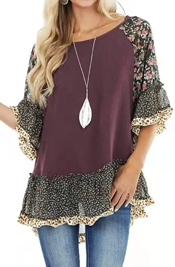 2024 Spring T-Shirt with Leopard Print & Bat Sleeves - Image 3