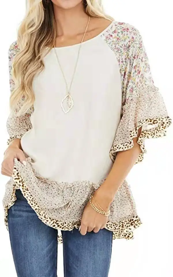 2024 Spring T-Shirt with Leopard Print & Bat Sleeves - Image 2