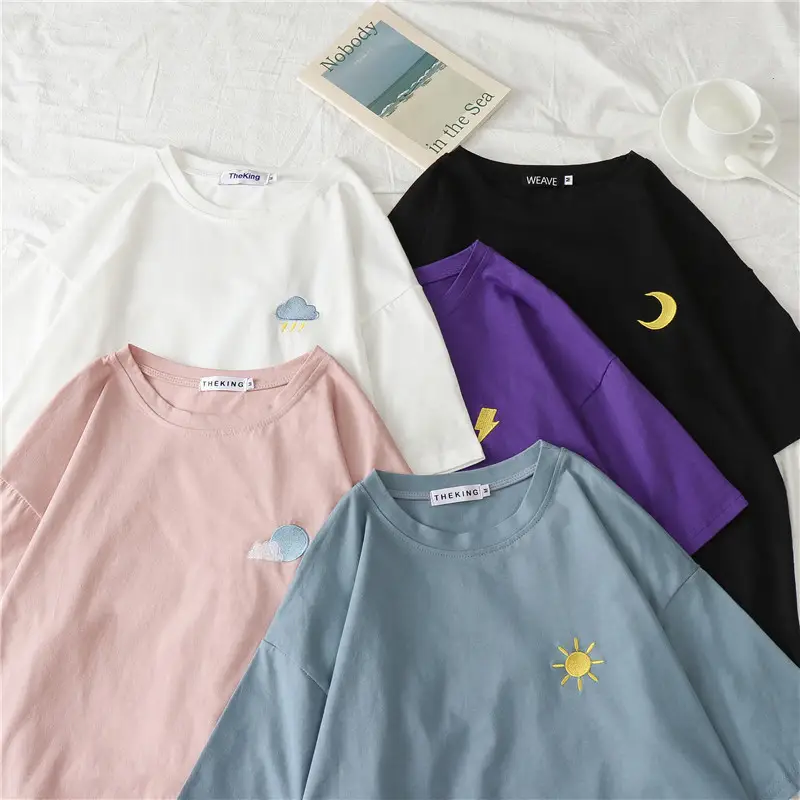 2022 Summer Embroidered T-Shirt Women Black Purple Pink Blue White - Image 6