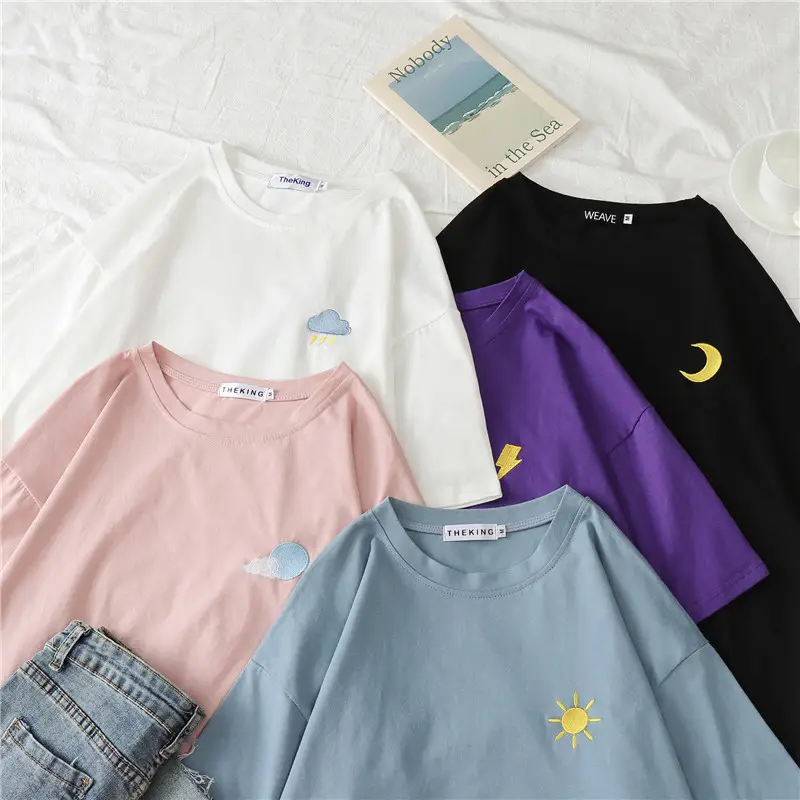 2022 Summer Embroidered T-Shirt Women Black Purple Pink Blue White - Image 8