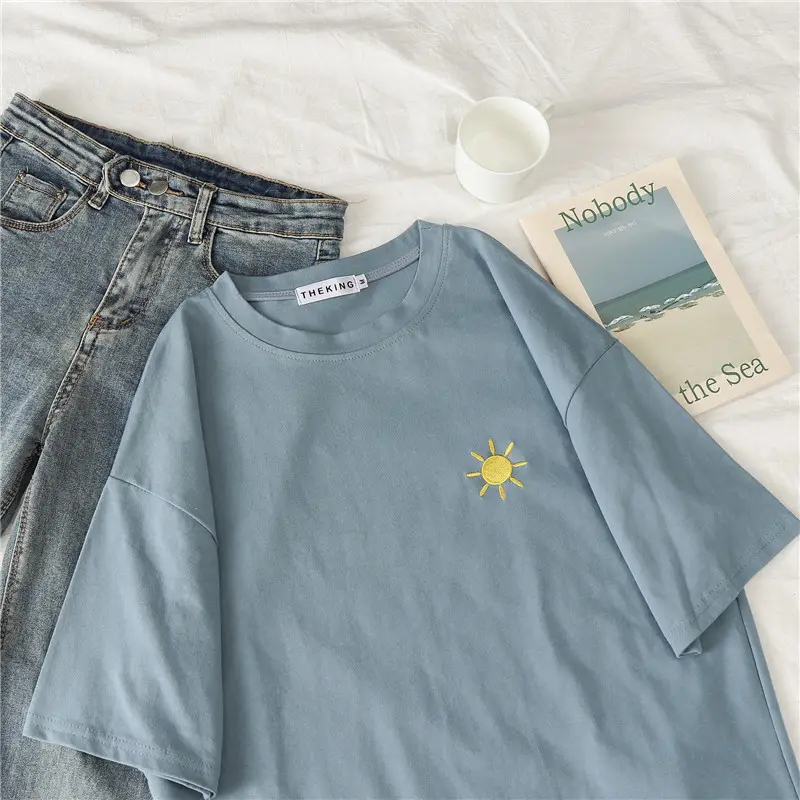2022 Summer Embroidered T-Shirt Women Black Purple Pink Blue White - Image 5