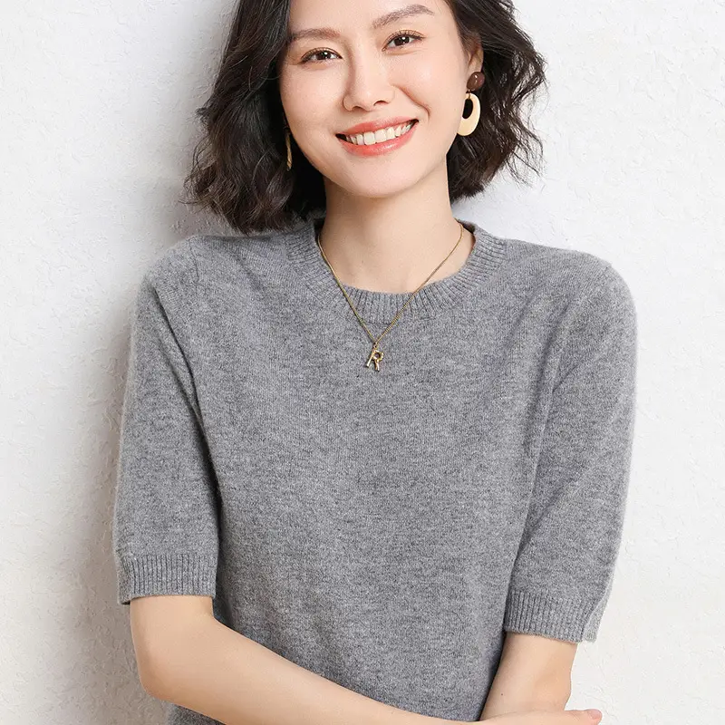 Women Grey Knitted Round Neck Pullover Short Sleeve - Image 10