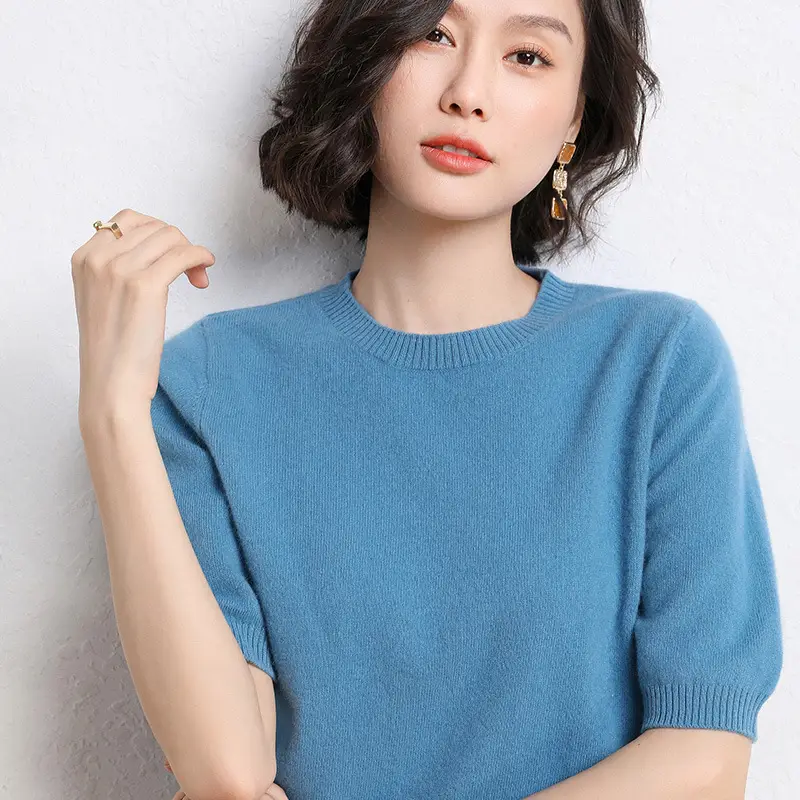Women Grey Knitted Round Neck Pullover Short Sleeve - Image 11