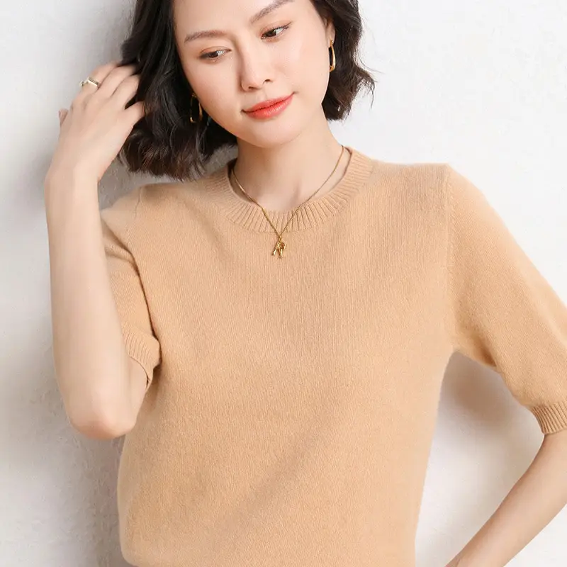 Women Grey Knitted Round Neck Pullover Short Sleeve - Image 12