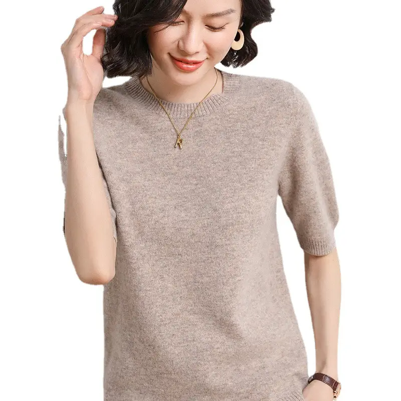 Women Grey Knitted Round Neck Pullover Short Sleeve - Image 13