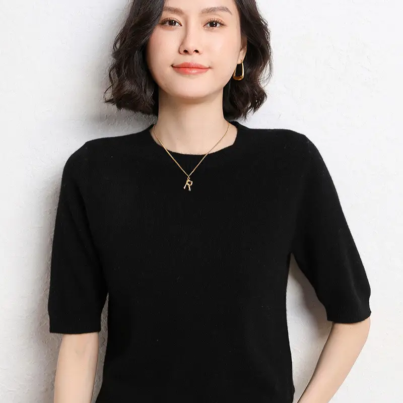 Women Grey Knitted Round Neck Pullover Short Sleeve - Image 3