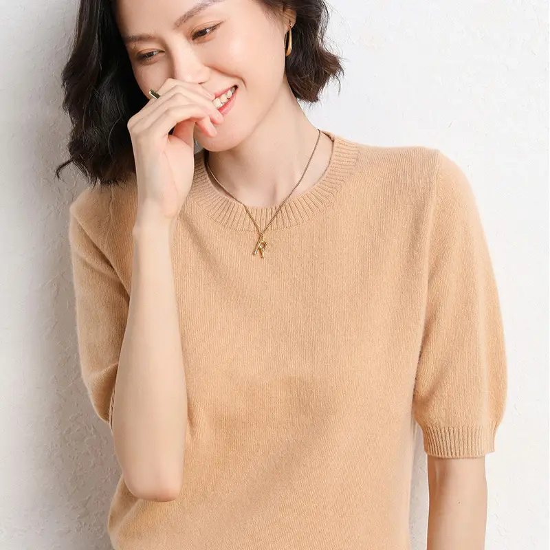 Women Grey Knitted Round Neck Pullover Short Sleeve - Image 4