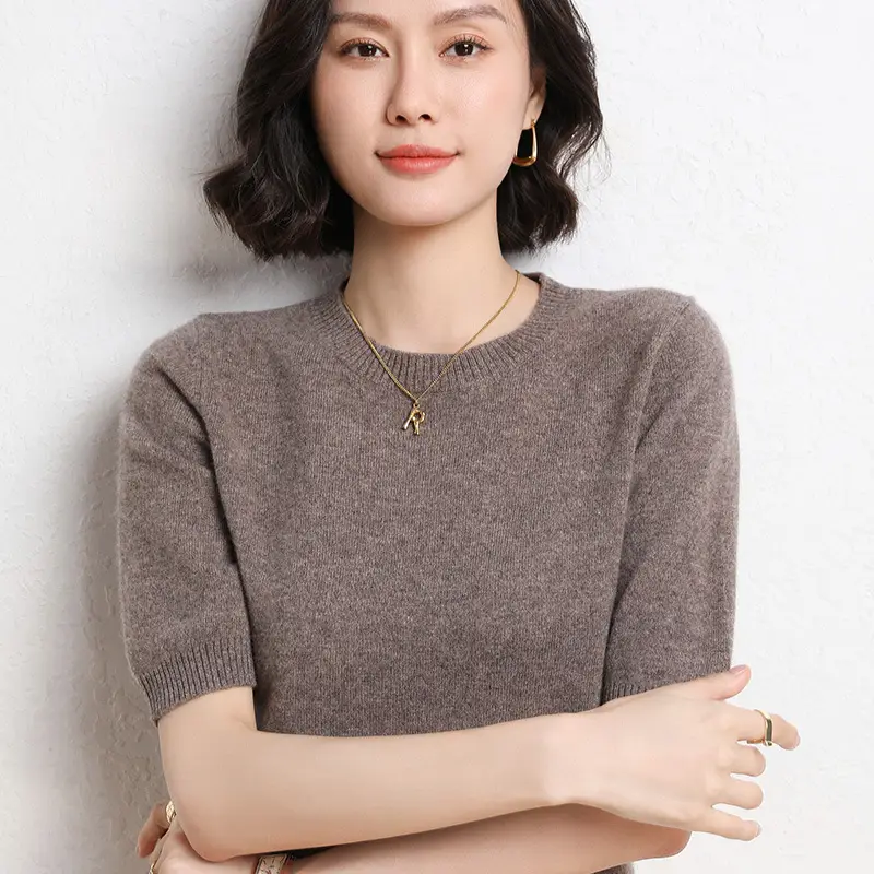 Women Grey Knitted Round Neck Pullover Short Sleeve - Image 5