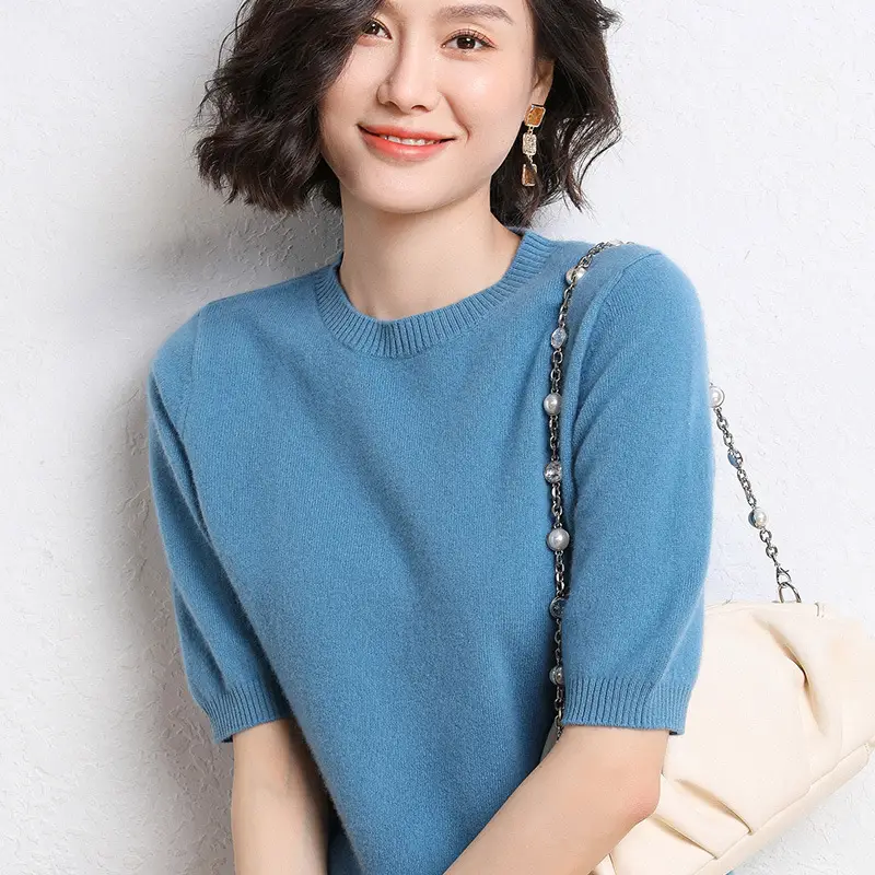 Women Grey Knitted Round Neck Pullover Short Sleeve - Image 6