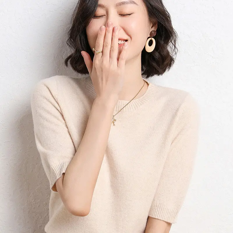 Women Grey Knitted Round Neck Pullover Short Sleeve - Image 7
