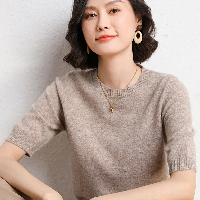 Women Grey Knitted Round Neck Pullover Short Sleeve - Image 8