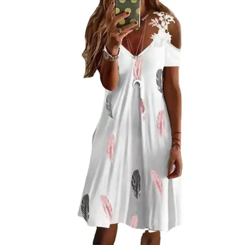 2023 Women's White Feather Print Summer Dress - Image 19