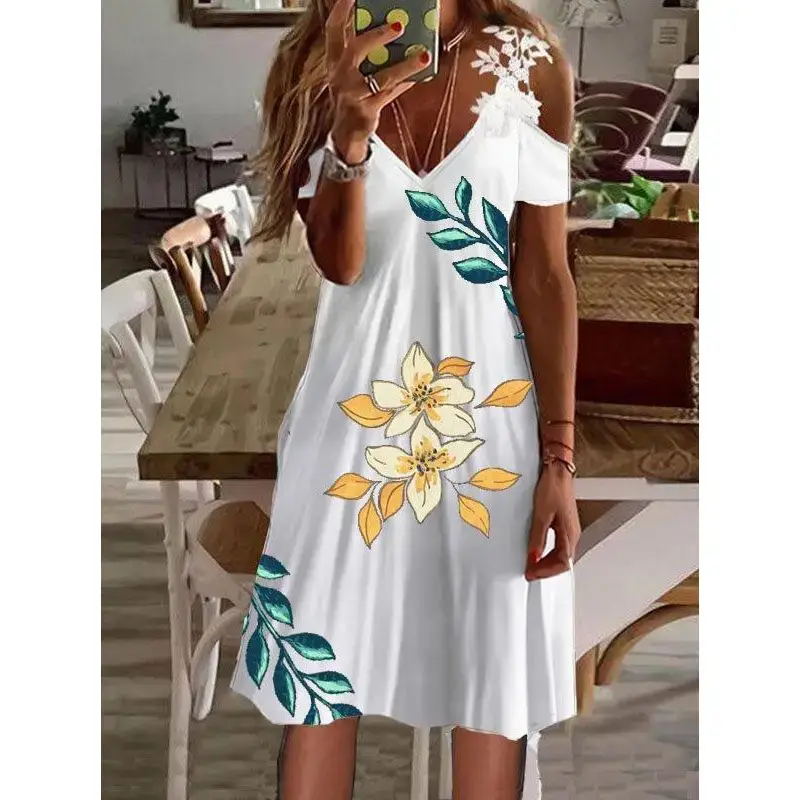 2023 Women's White Feather Print Summer Dress - Image 12