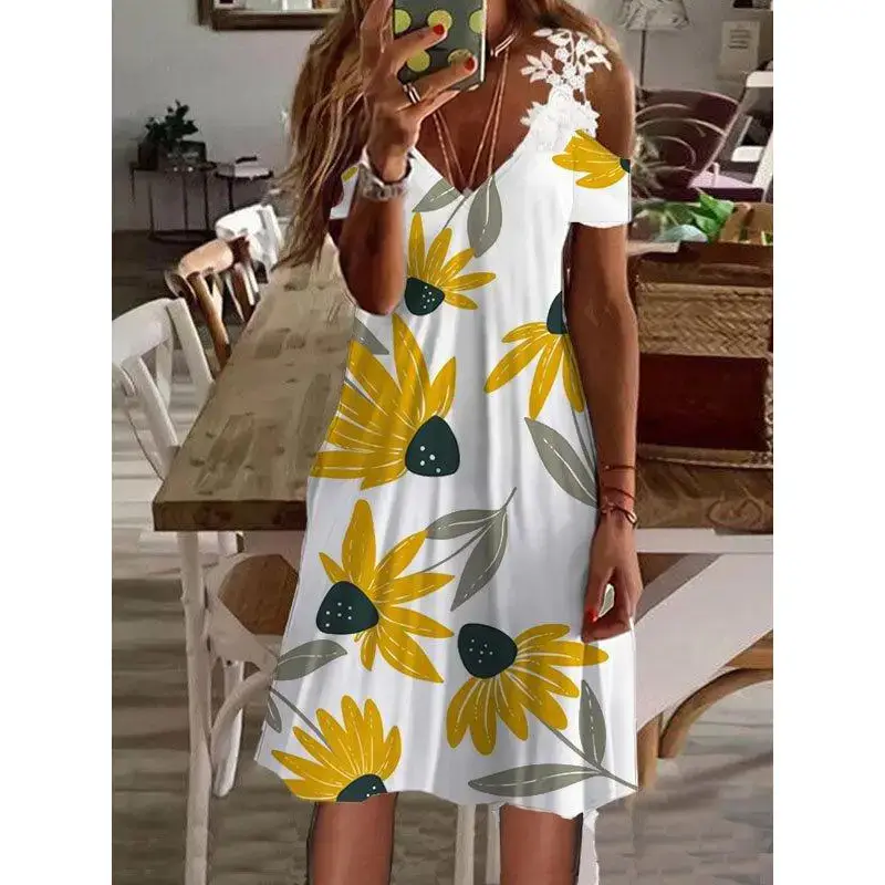 2023 Women's White Feather Print Summer Dress - Image 13