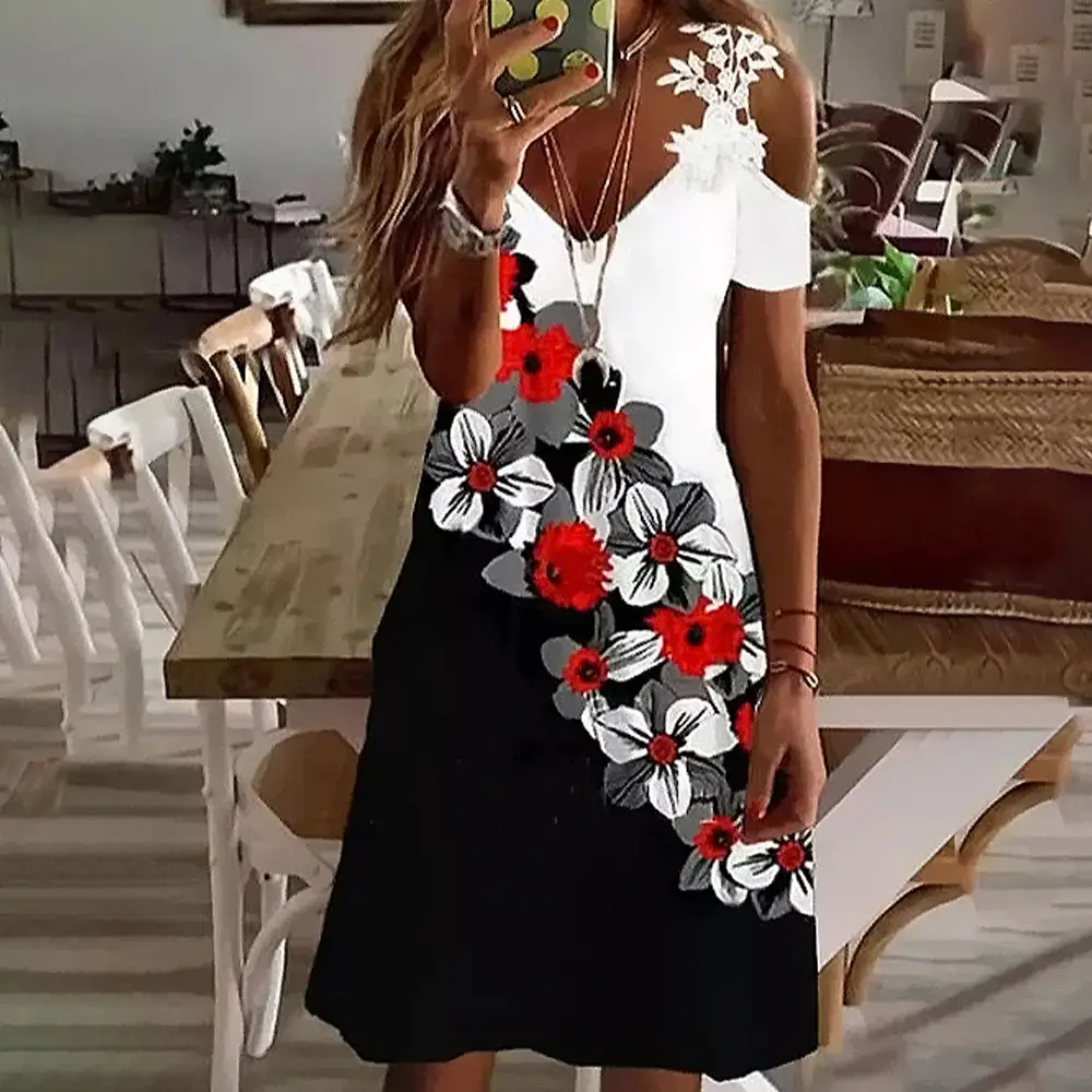 2023 Women's White Feather Print Summer Dress - Image 15