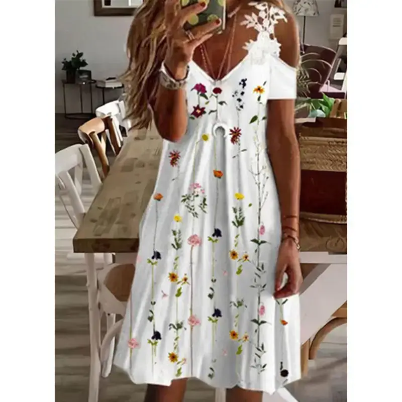 2023 Women's White Feather Print Summer Dress - Image 4