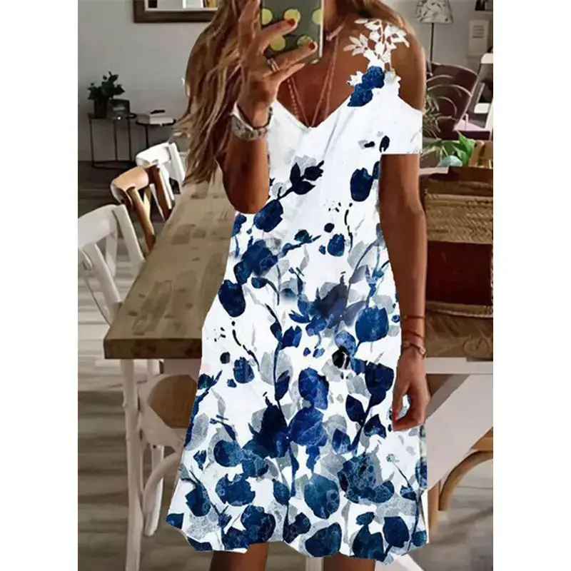 2023 Women's White Feather Print Summer Dress - Image 7