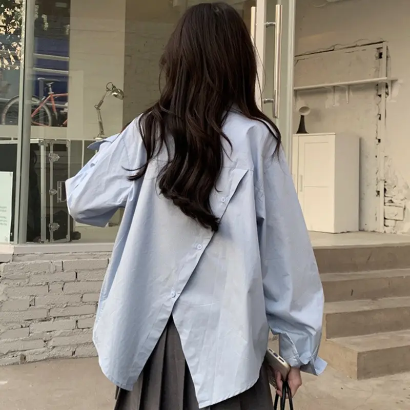 Women Korean Style Light Blue Split Shirt Spring Autumn