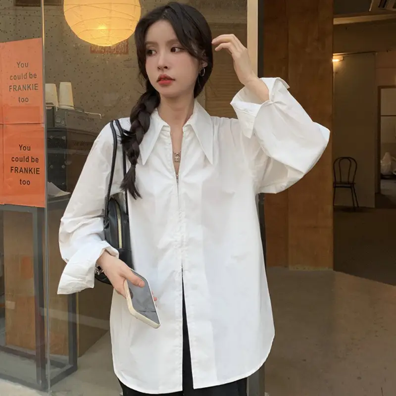 Women Korean Style Light Blue Split Shirt Spring Autumn