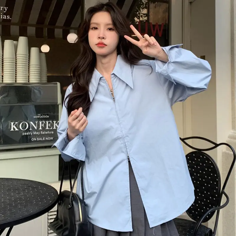 Women Korean Style Light Blue Split Shirt Spring Autumn