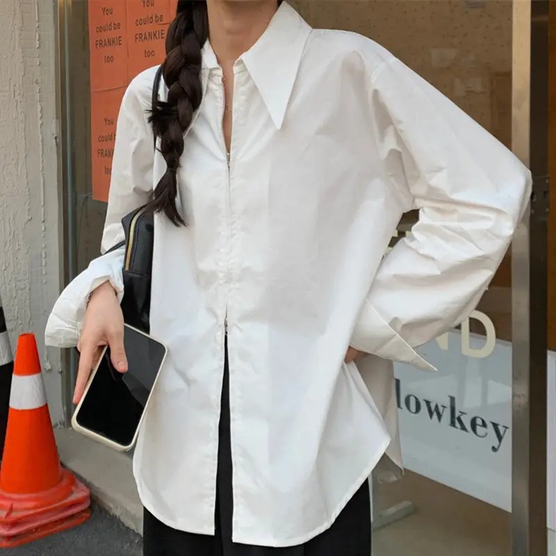 Women Korean Style Light Blue Split Shirt Spring Autumn