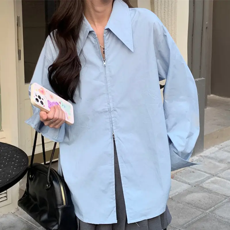 Women Korean Style Light Blue Split Shirt Spring Autumn