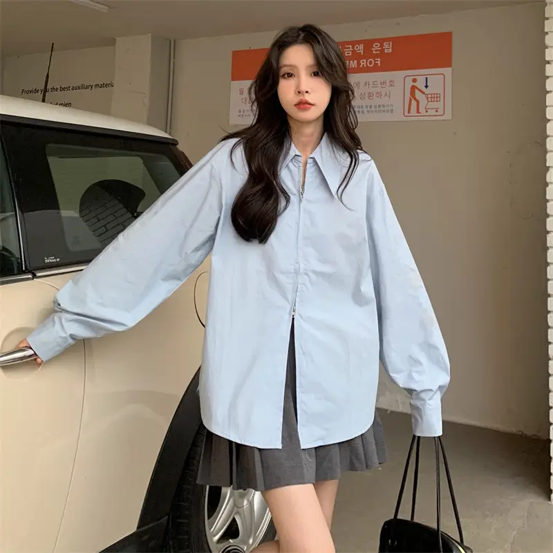 Women Korean Style Light Blue Split Shirt Spring Autumn — feature 10