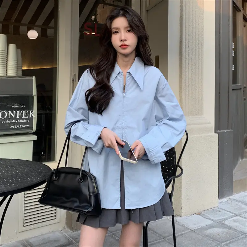 Women Korean Style Light Blue Split Shirt Spring Autumn — feature 11