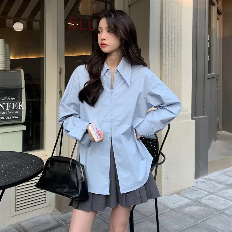 Women Korean Style Light Blue Split Shirt Spring Autumn — feature 12