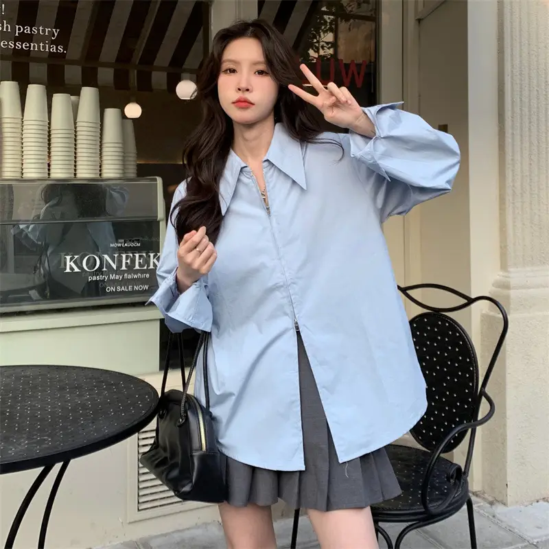 Women Korean Style Light Blue Split Shirt Spring Autumn — feature 13