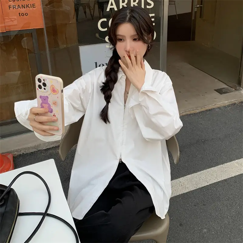 Women Korean Style Light Blue Split Shirt Spring Autumn — feature 15