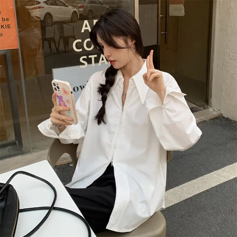 Women Korean Style Light Blue Split Shirt Spring Autumn — feature 16