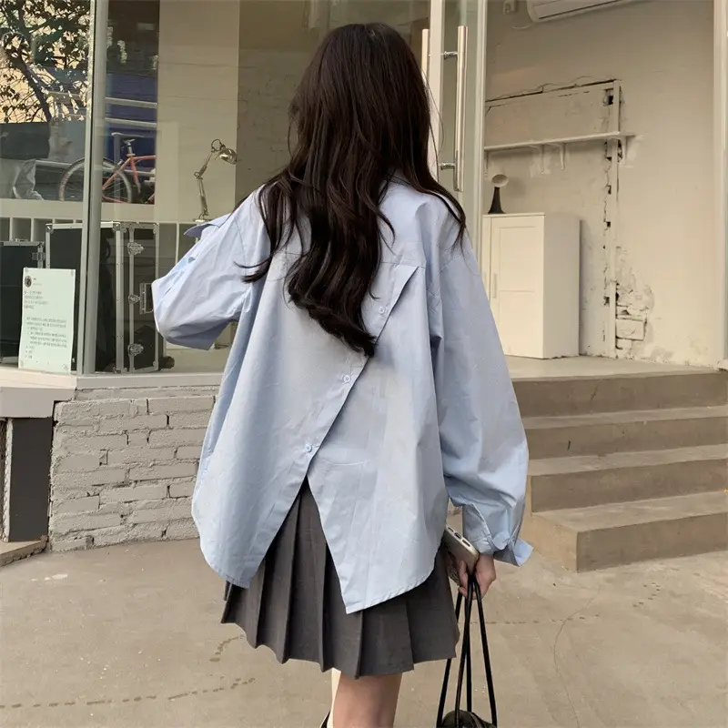 Women Korean Style Light Blue Split Shirt Spring Autumn — feature 2