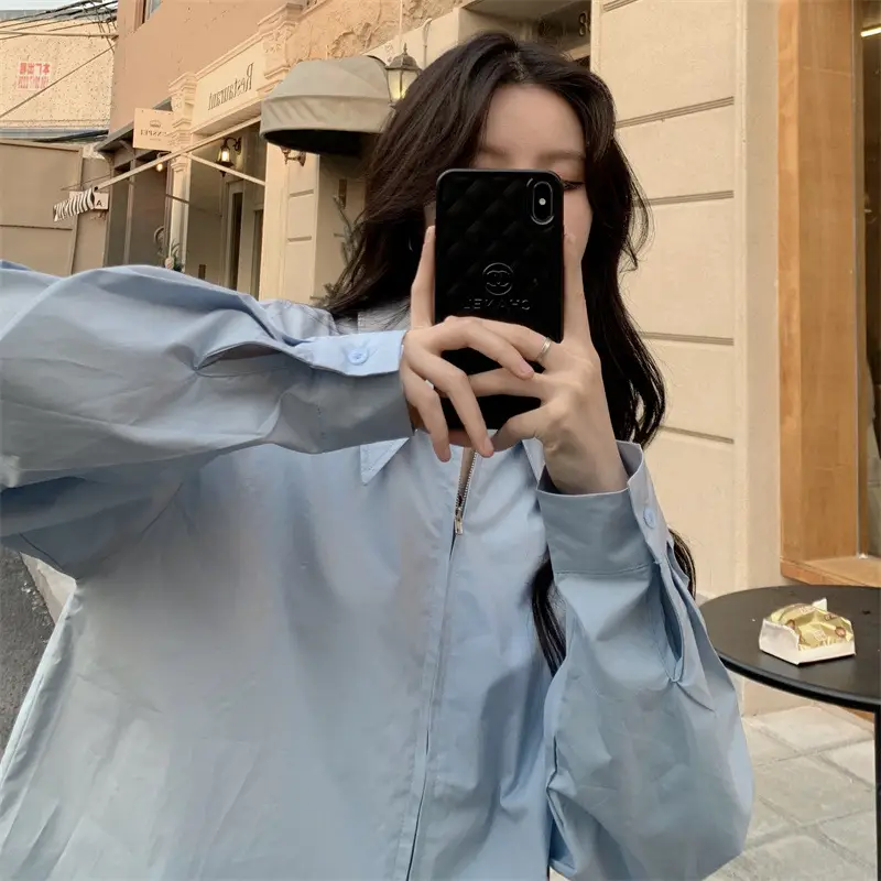 Women Korean Style Light Blue Split Shirt Spring Autumn — feature 3